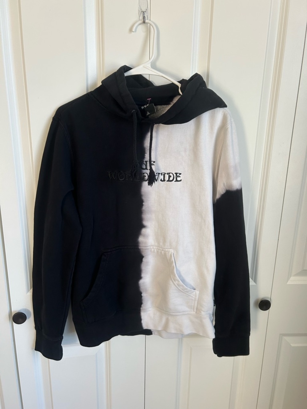 HUF Black & White Tie-Dye Hoodie - HUF Worldwide Embroidered